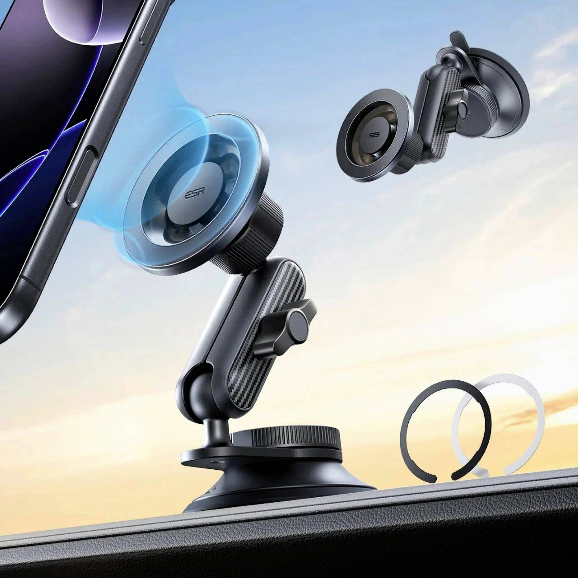 Držák do auta s magnetickým připevněním zajišťuje smartphone na palubní desce, zobrazeno s detailními vlastnostmi a příslušenstvím.