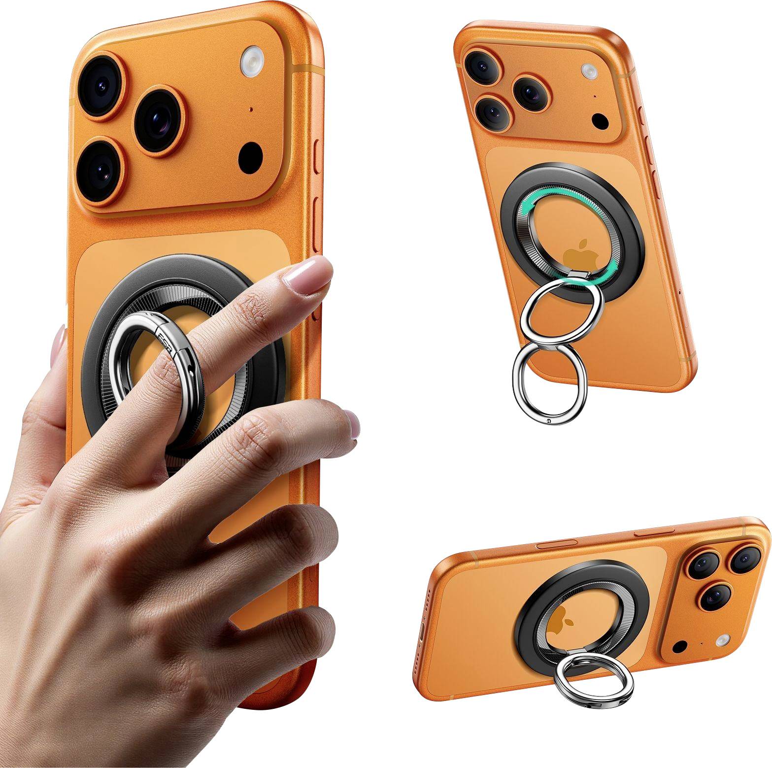 Oranžový chytrý telefon s magnetickým držákem na kruh. Vlevo: telefon držený v ruce; vpravo: telefon ze zadu zobrazující fotoaparát a držák na kruh.