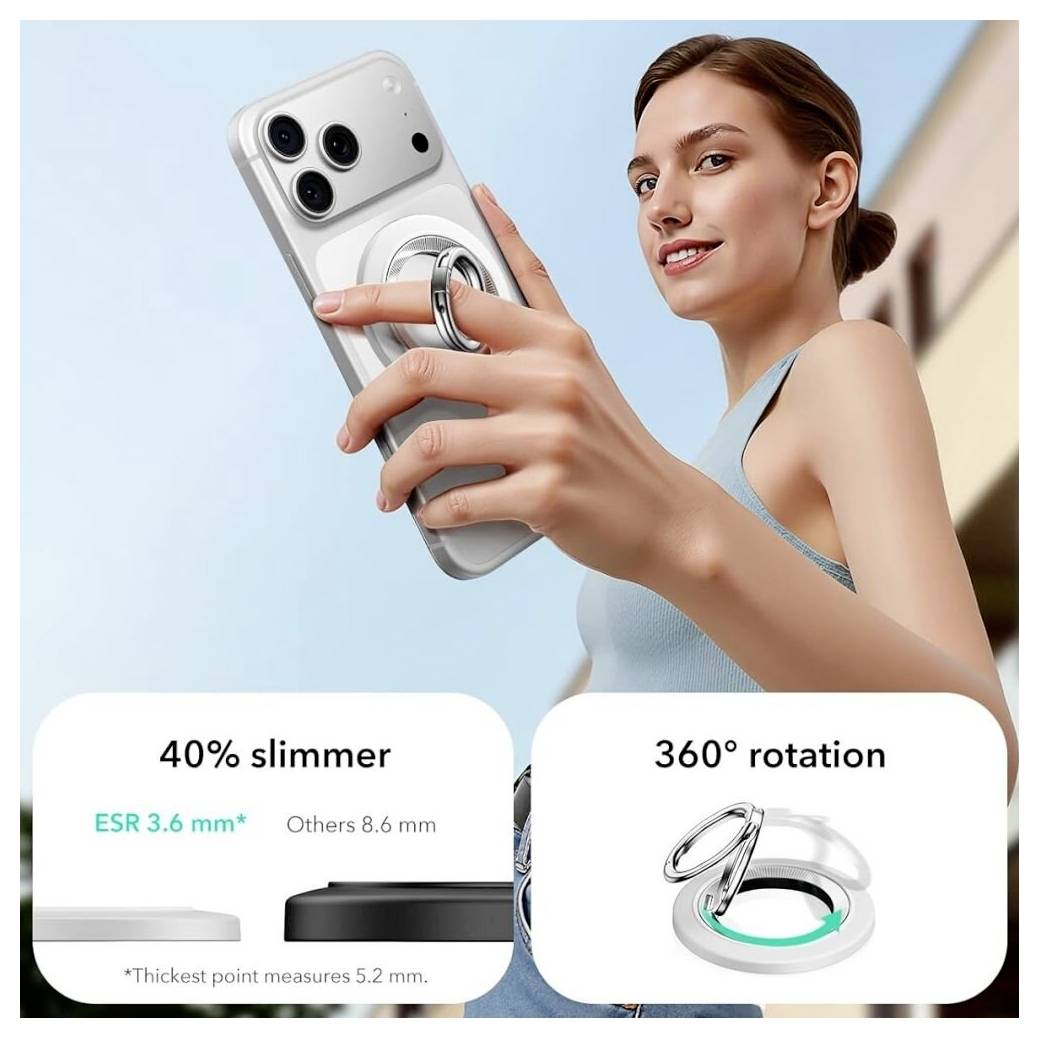 Osoba drží smartphone s pouzdrem vybaveným úchytem s kroužkem; text upozorňuje na design, který je "o 40 % tenčí" a nabízí možnost "360° rotace".