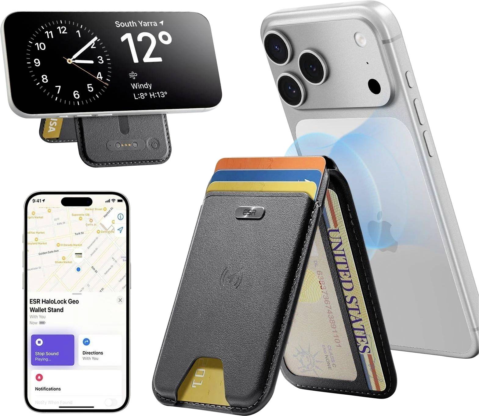 Pouzdro na telefon se sloty na karty a skládacím stojánkem, kompatibilní s telefony. Obsahuje funkci geo peněženky se zobrazením mapové aplikace na obrazovce.