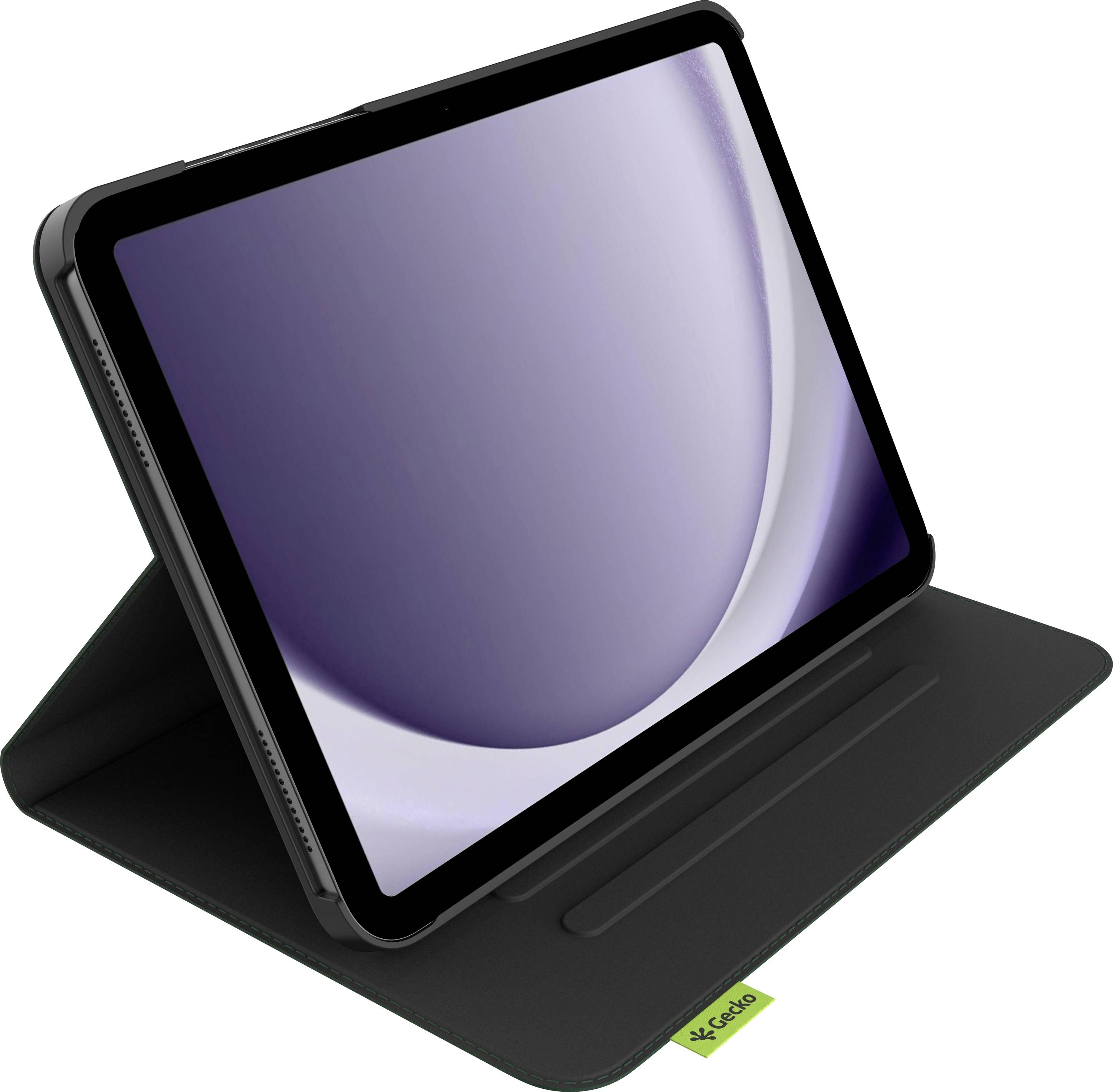 Tablet v černém skládacím pouzdře se stojánkem a držákem na stylus, zobrazující jemný, abstraktní fialový design obrazovky.