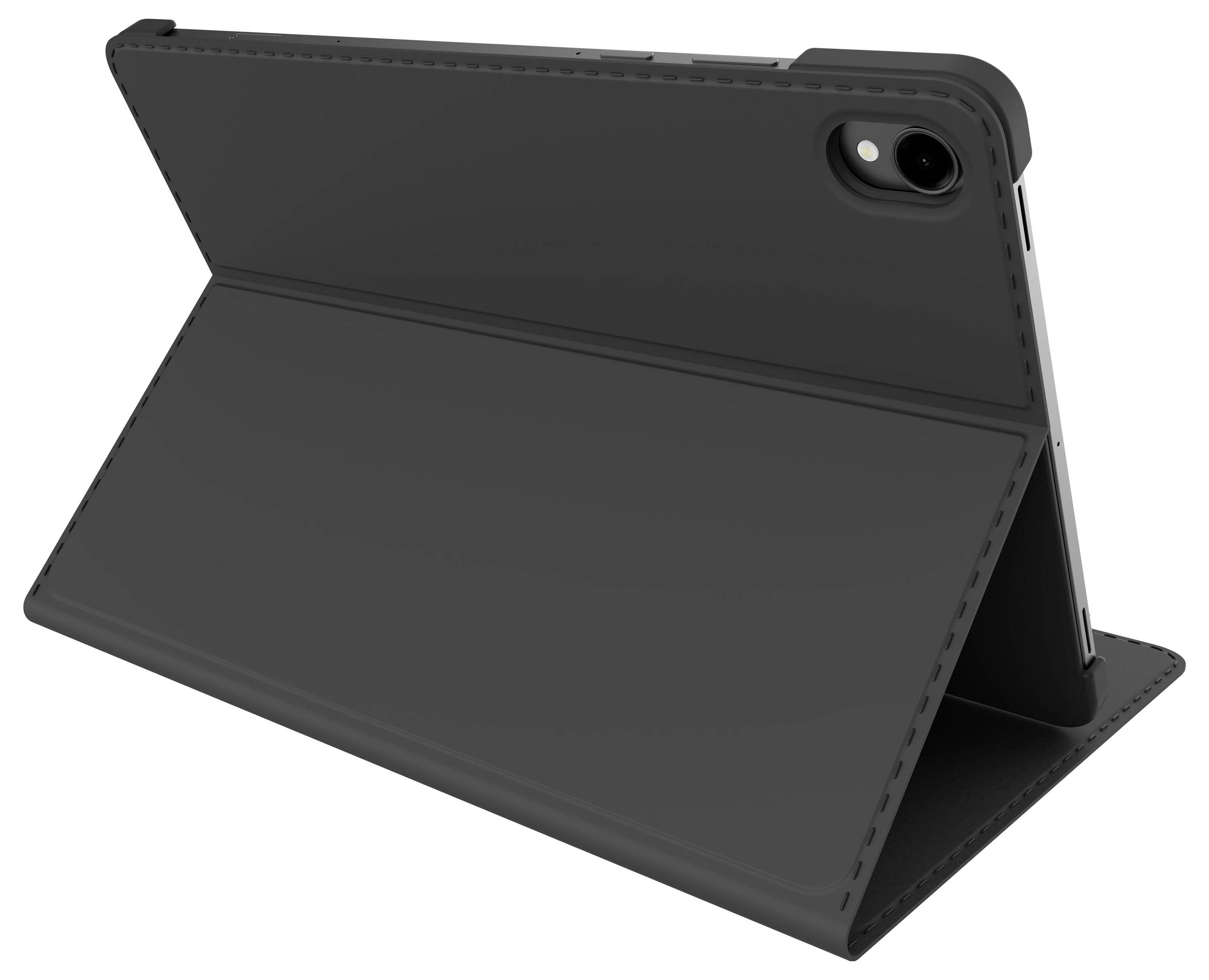 Černý kryt na tablet se stojanem, který drží tablet v horizontální poloze. Objektivem fotoaparátu je viditelný otvor v pouzdru.