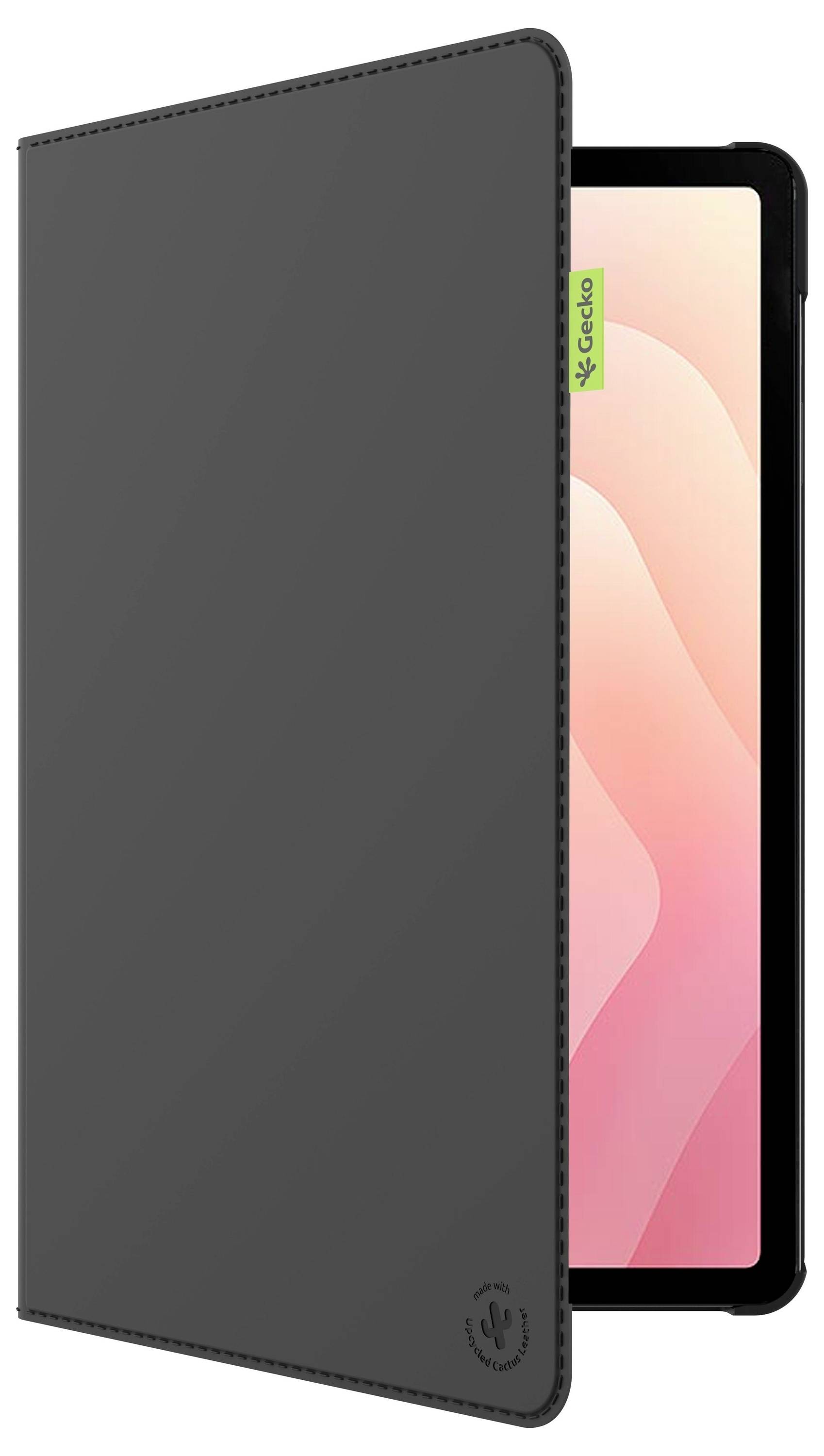 Tablet s černým pouzdrem částečně otevřeným, displej ukazuje růžový gradient pozadí.