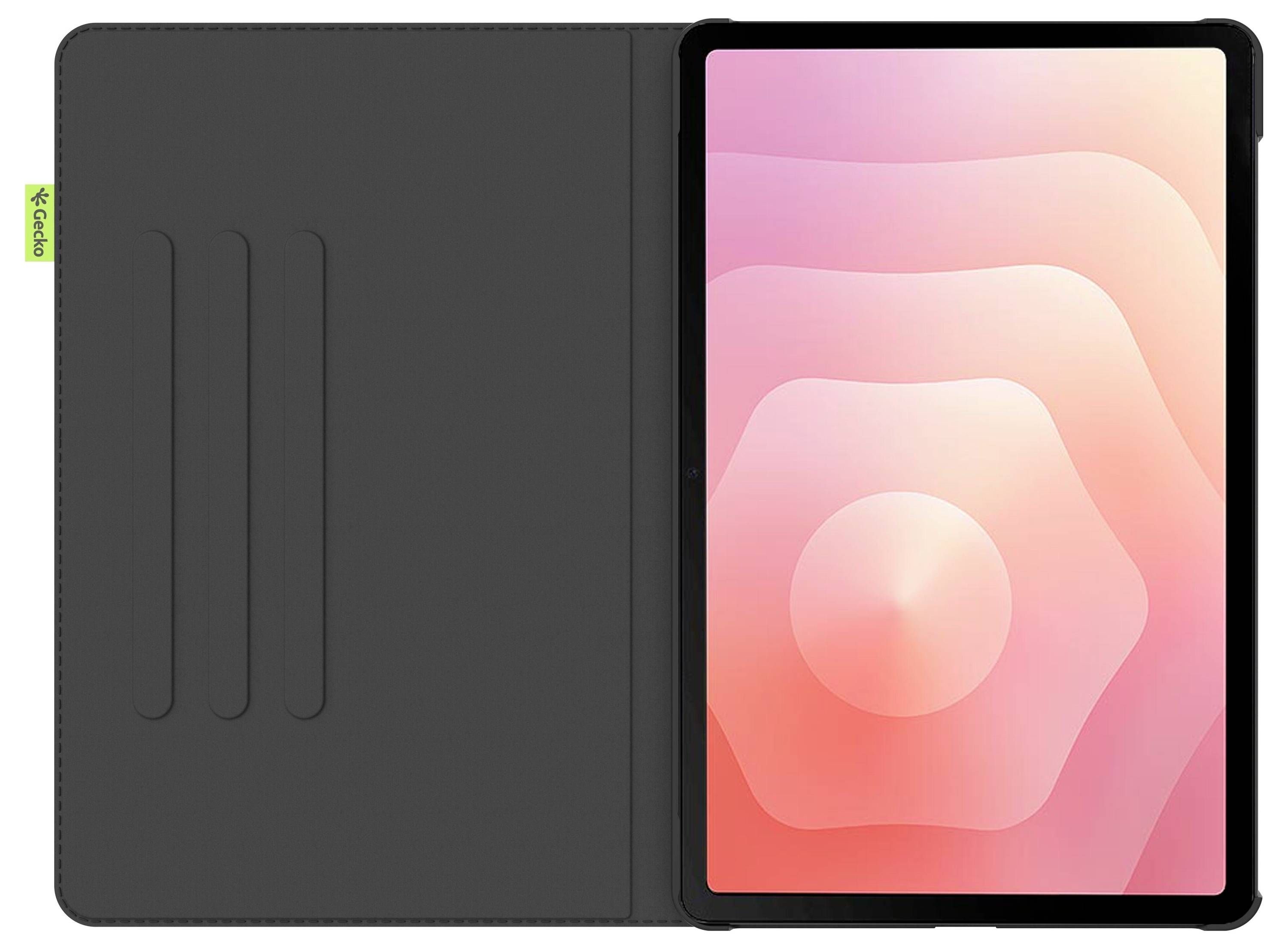 Tablet v černém pouzdru je otevřený a zobrazuje růžové a oranžové geometrické tapety. Tablet je umístěn na pravé straně.