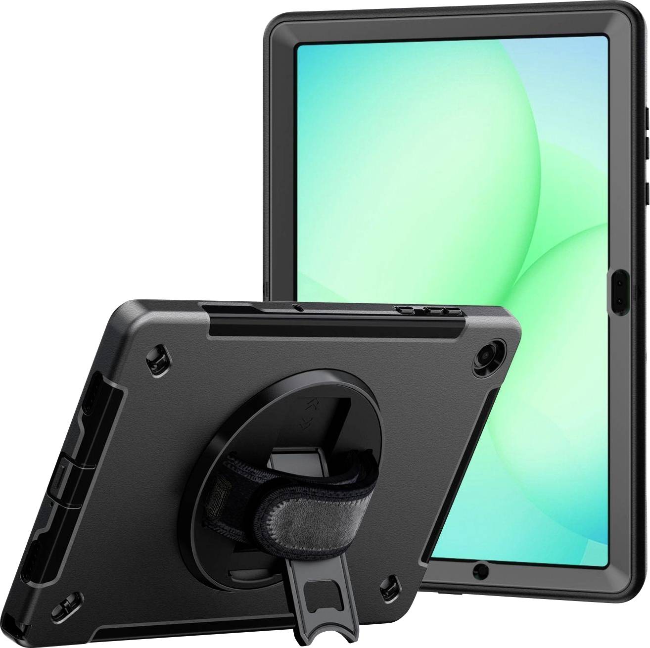 Odolné pouzdro na tablet v černé barvě s otočným páskem na ruku a stojánkem, zobrazené připevněné k tabletu se zeleným abstraktním pozadím.