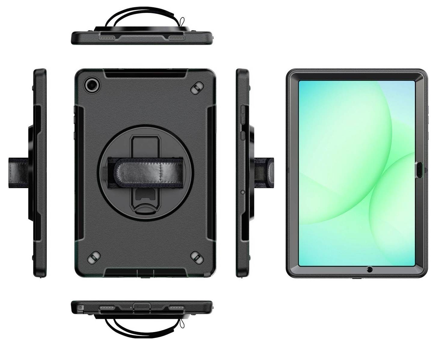 Odolné pouzdro na tablet zobrazené z různých úhlů, vybavené otočným páskem na rukou na zadní straně a odolným ochranným designem.