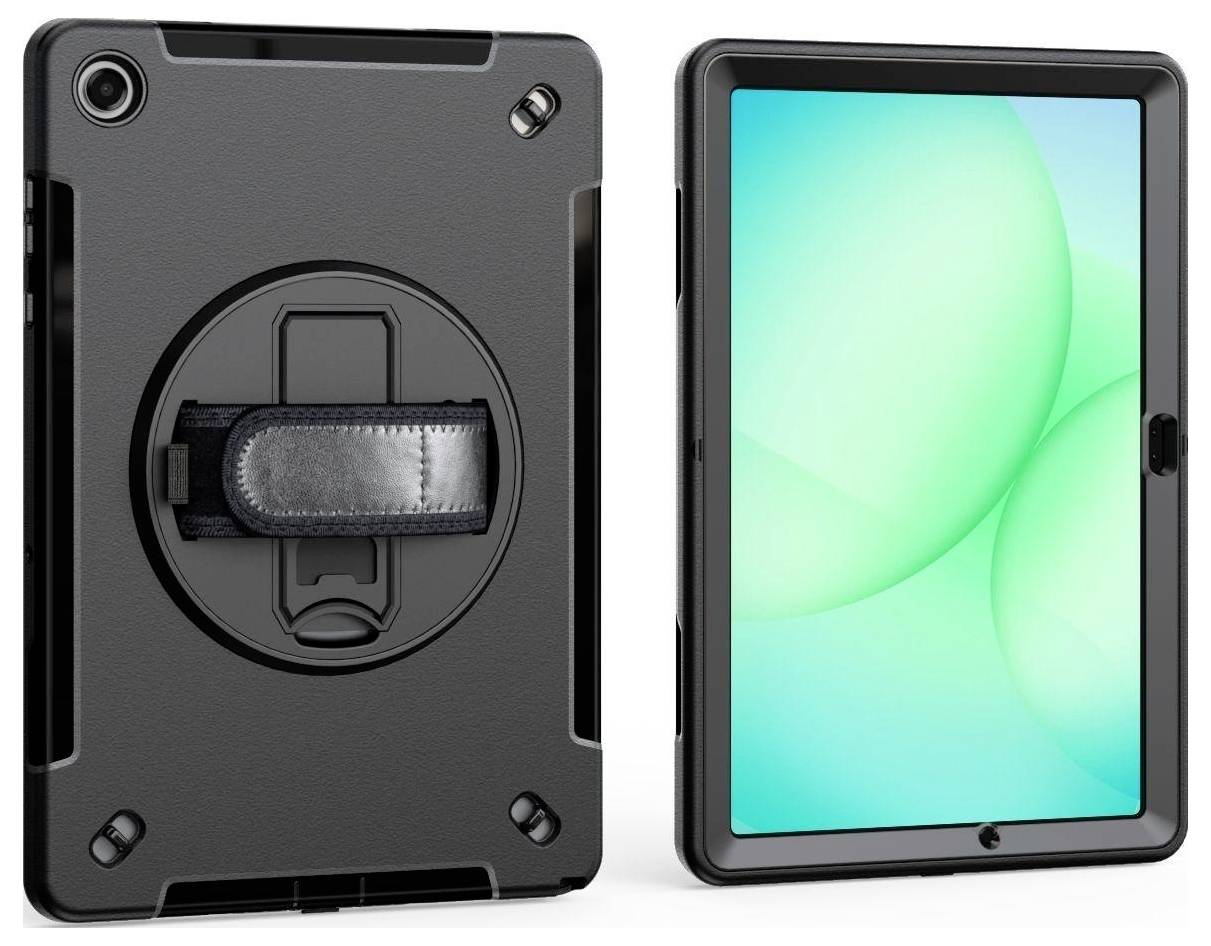 Ochranný černý obal na iPad s otočným páskem na ruku a pevnými okraji, zobrazen s iPadem s jasným displejem.