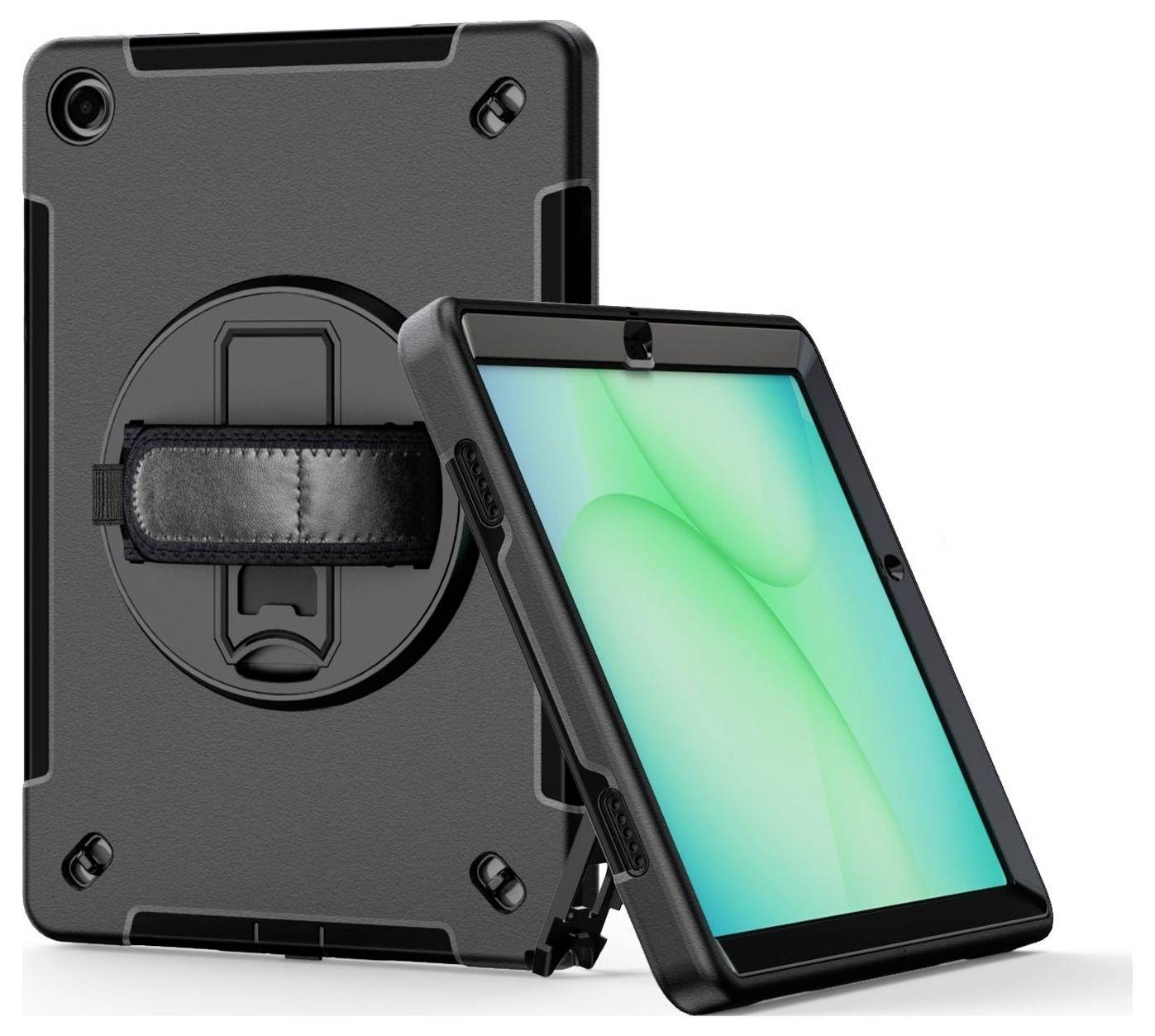 Robustní černé pouzdro na tablet s rukojetí, stojanem a ochranným sklem zobrazené na bílém pozadí.
