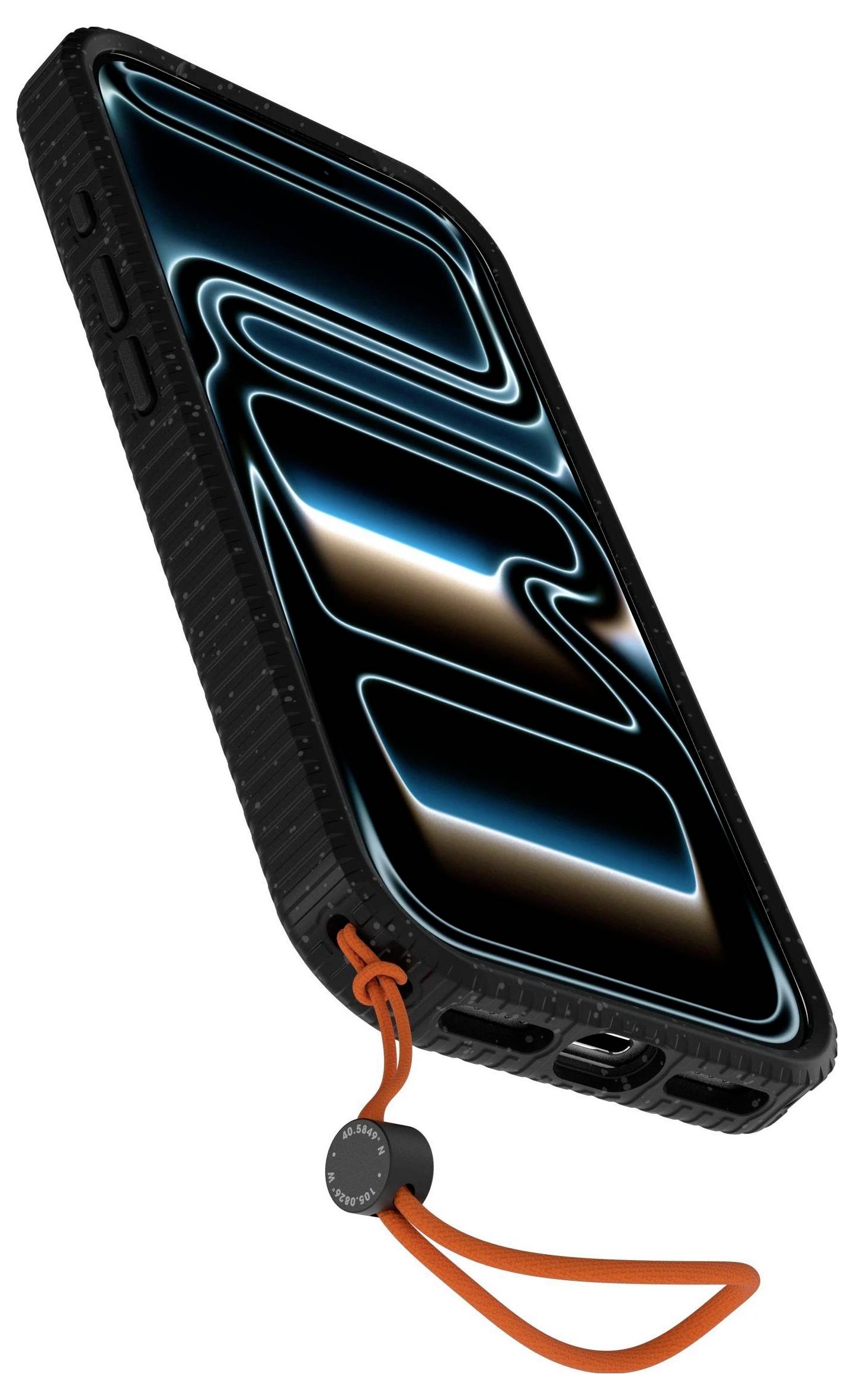 Smartphone s odolným černým pouzdrem a oranžovým páskem, na displeji zobrazující abstraktní modré a hnědé vlnové vzory.