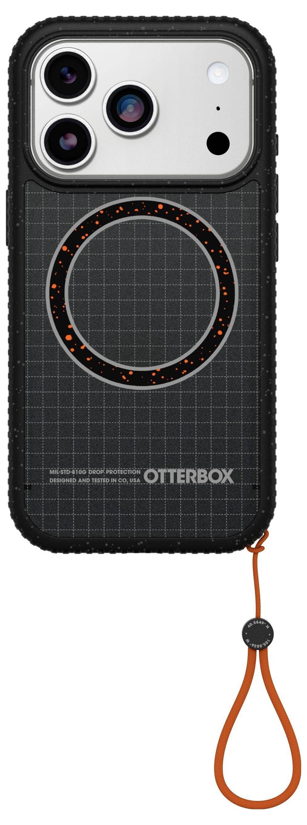Odolné pouzdro na chytrý telefon se vzorem mřížky a kruhovým designem s branding 'OtterBox' a oranžovým popruhem na zápěstí pro bezpečné držení.