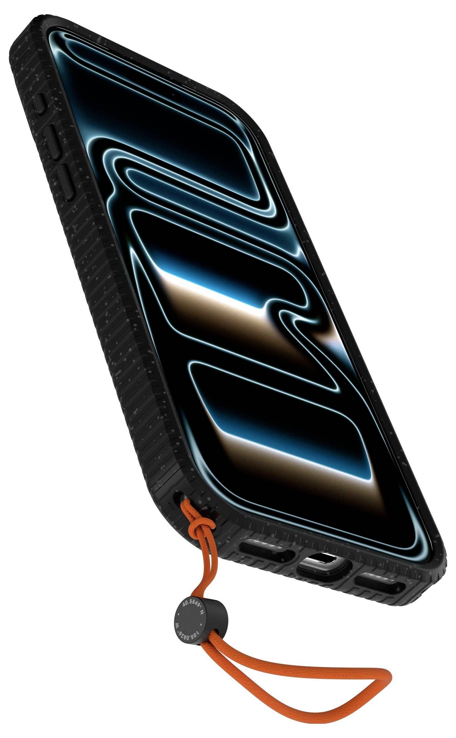 Černý chytrý telefon s jasným abstraktním designem na obrazovce, vybavený odolným pouzdrem a oranžovým popruhem na zápěstí připojeným ve spodní části.
