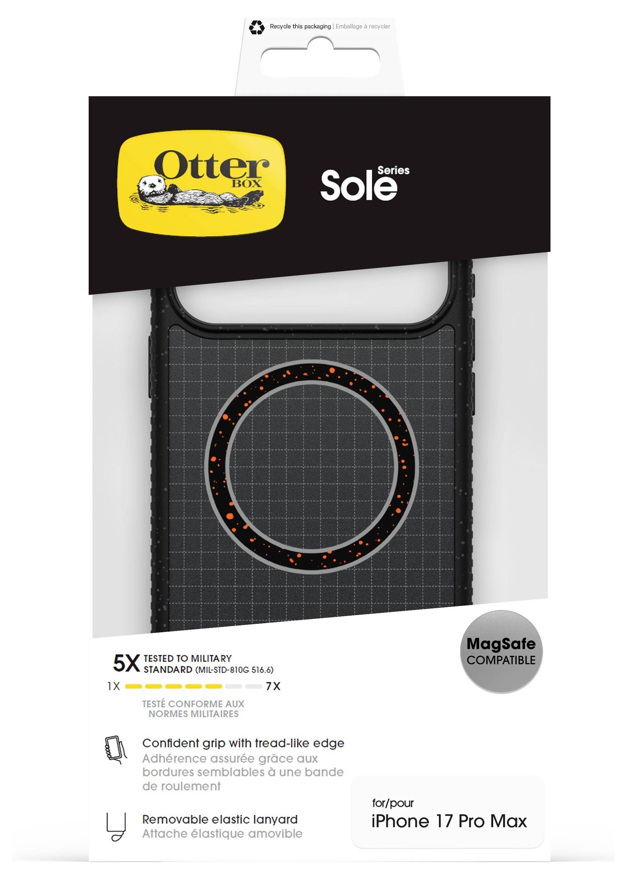 Obal telefonu 'OtterBox Sole Series' pro iPhone 17 Pro Max s kompatibilitou MagSafe. Černý obal s kruhovou úchytkou.
