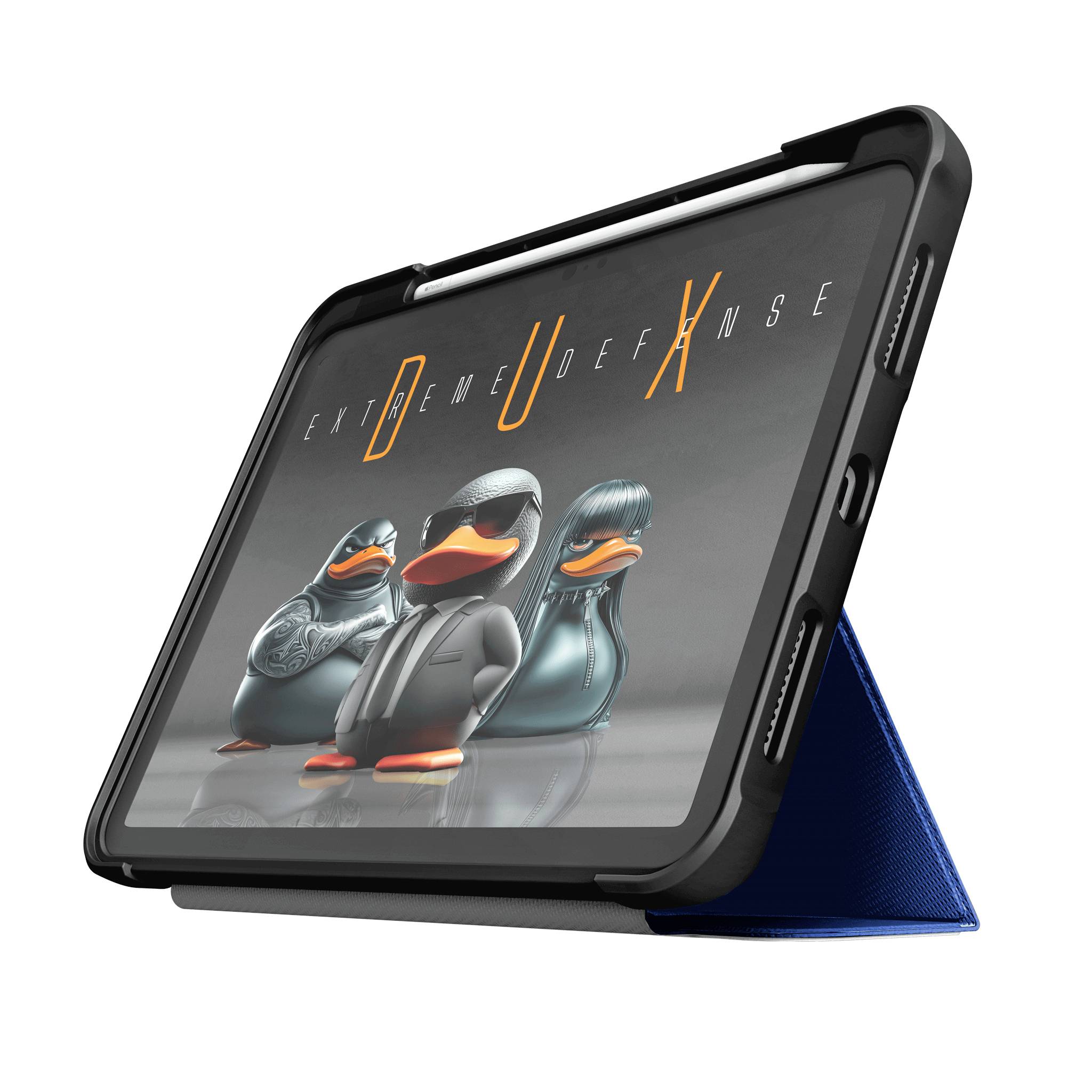 Pouzdro na tablet s motivem tří kachen oblečených v oblecích a slunečních brýlích, s názvem "DUX" a "EXTREME DEFENSE" na displeji.