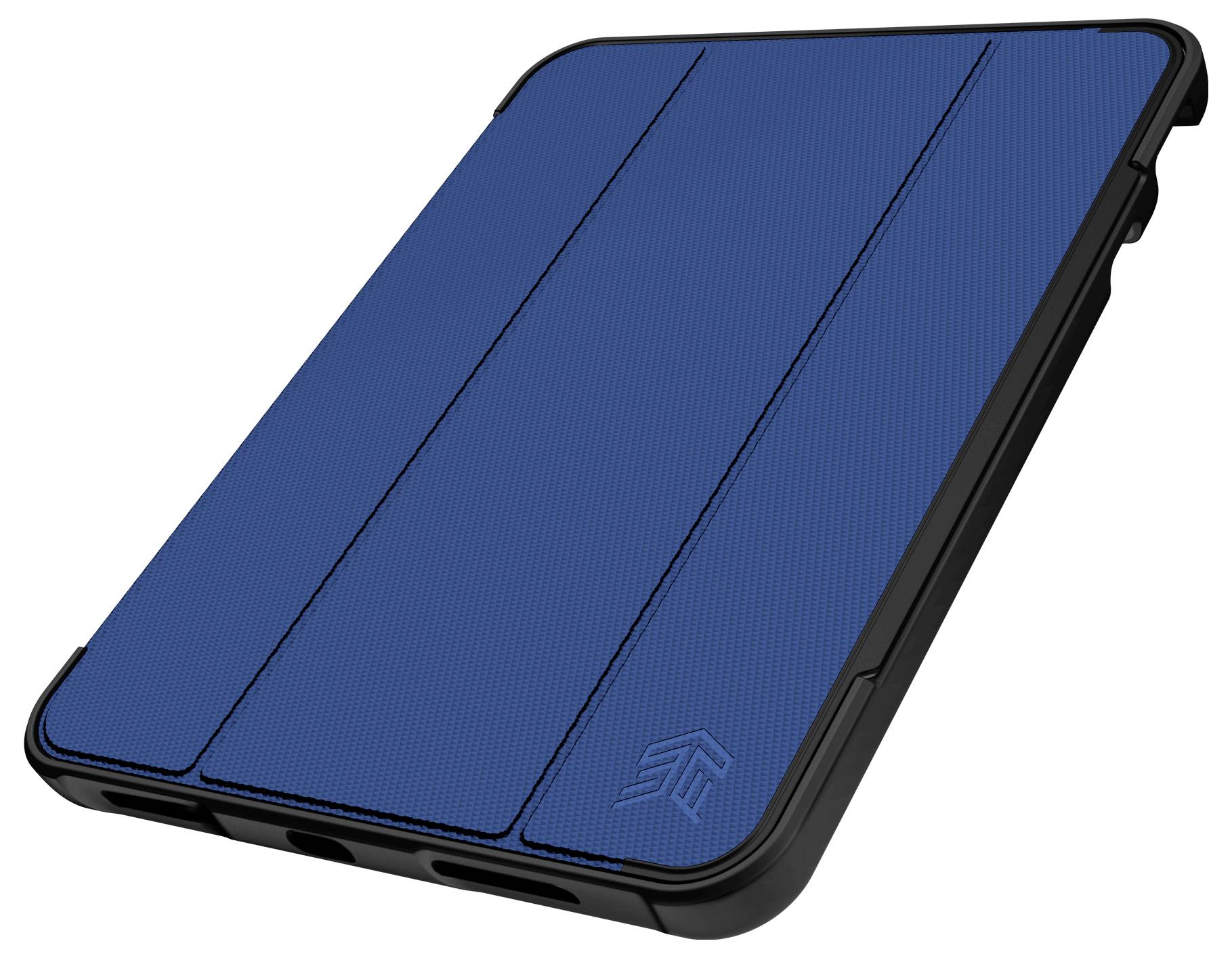 Modrý obal na tablet s černým okrajem, s designem skládacího krytu se třemi svislými sekce.