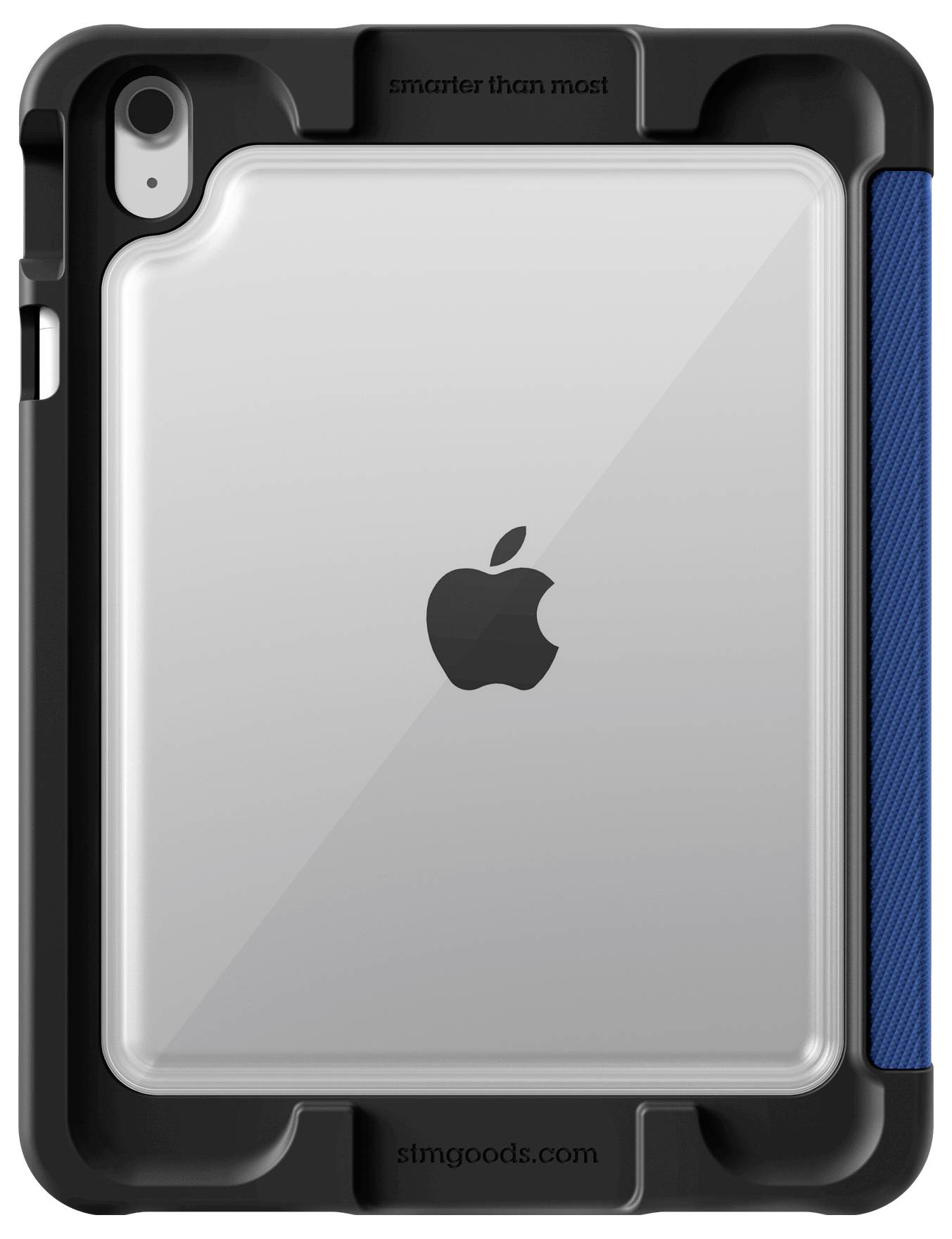 Ochranné pouzdro na tablet se zesílenými černými okraji a průhledným zadním dílem, ve kterém je viditelné logo Apple.