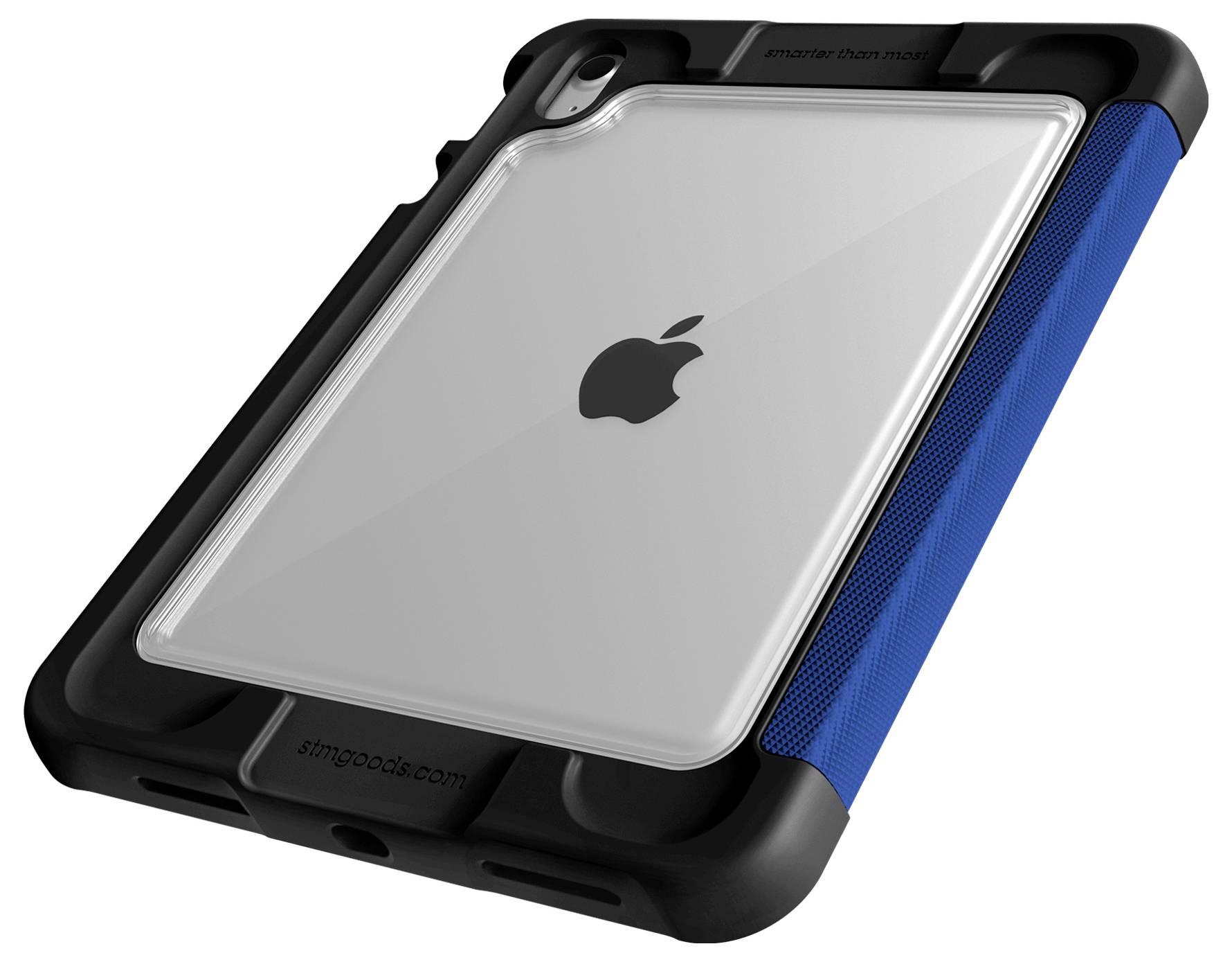 Průhledný kryt na tablet s modrým úchopem a černými okraji, vykazující logo Apple uprostřed. Název značky je viditelný.