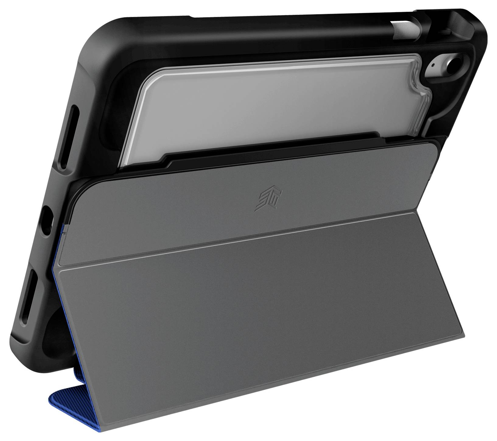 Tablet v černošedém pouzdře se skládacím stojánkem v provedení pro zobrazování, umístěný vzpřímeně.
