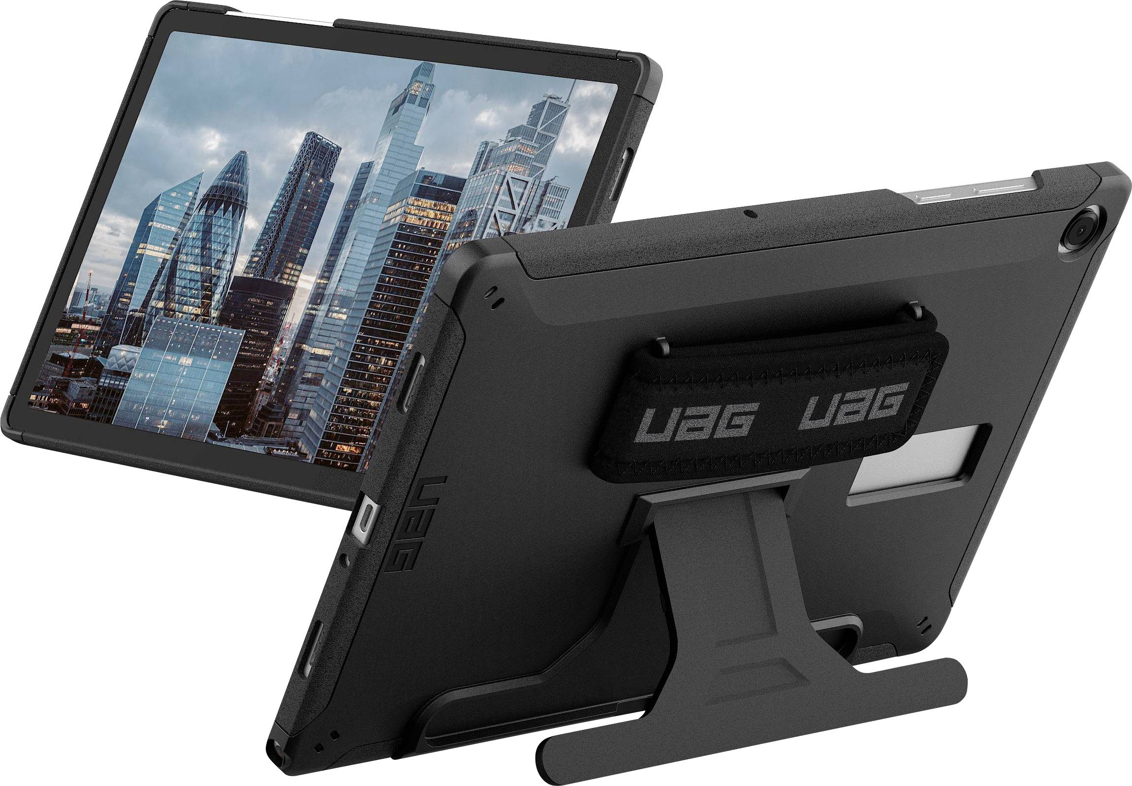 Tablet v ochranném pouzdru se stojánkem zobrazuje na svém displeji městskou krajinu. Pouzdro má robustní design a rukojeť na ruku.