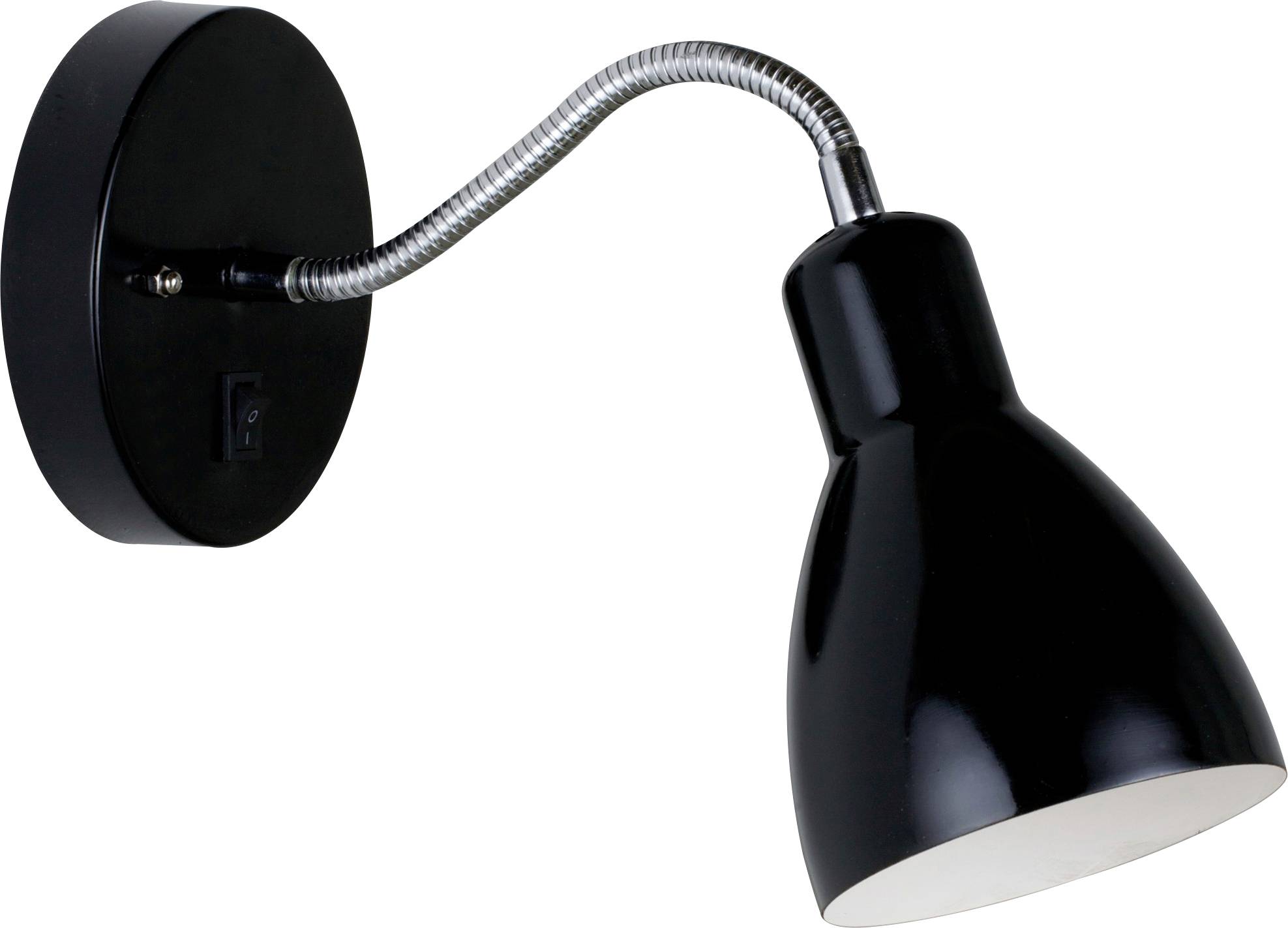 Černá nástěnná lampa s ohebným ramenem a kuželovitým stínidlem směřujícím dolů, vhodná pro pracovní osvětlení nebo čtení.
