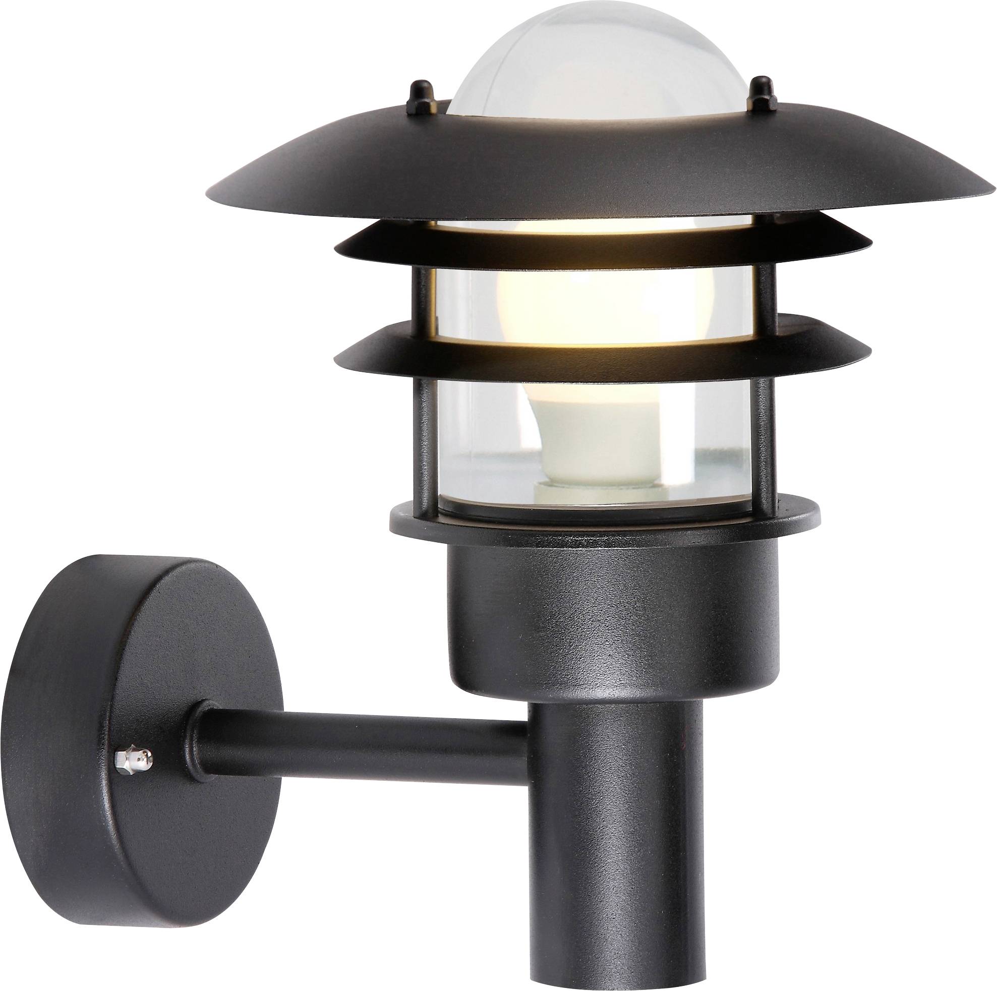 Moderní černá venkovní nástěnná lampa s vrstvenými kovovými stíny, vyzařující teplé světlo, montovaná na kulatou montážní desku.