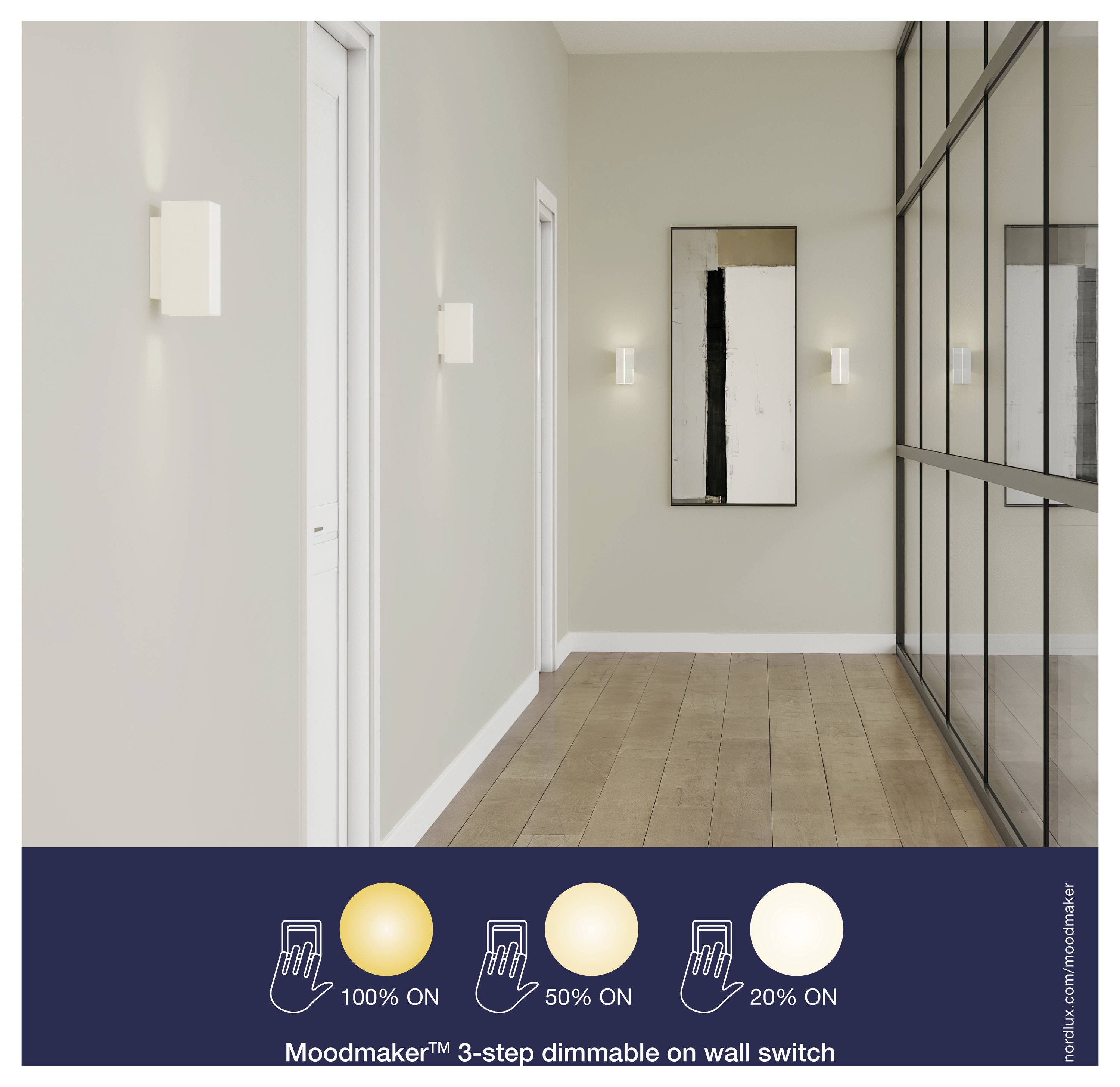 Chodba s moderními nástěnnými svítidly demonstruje "Moodmaker™ 3-step dimmable on wall switch" na 100%, 50% a 20% úrovních jasu.