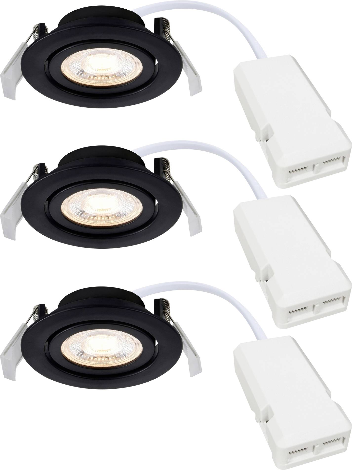 Tři černá zapuštěná stropní LED svítidla s bílými konektory, uspořádána v řadě, vhodná pro moderní vnitřní instalace osvětlení.