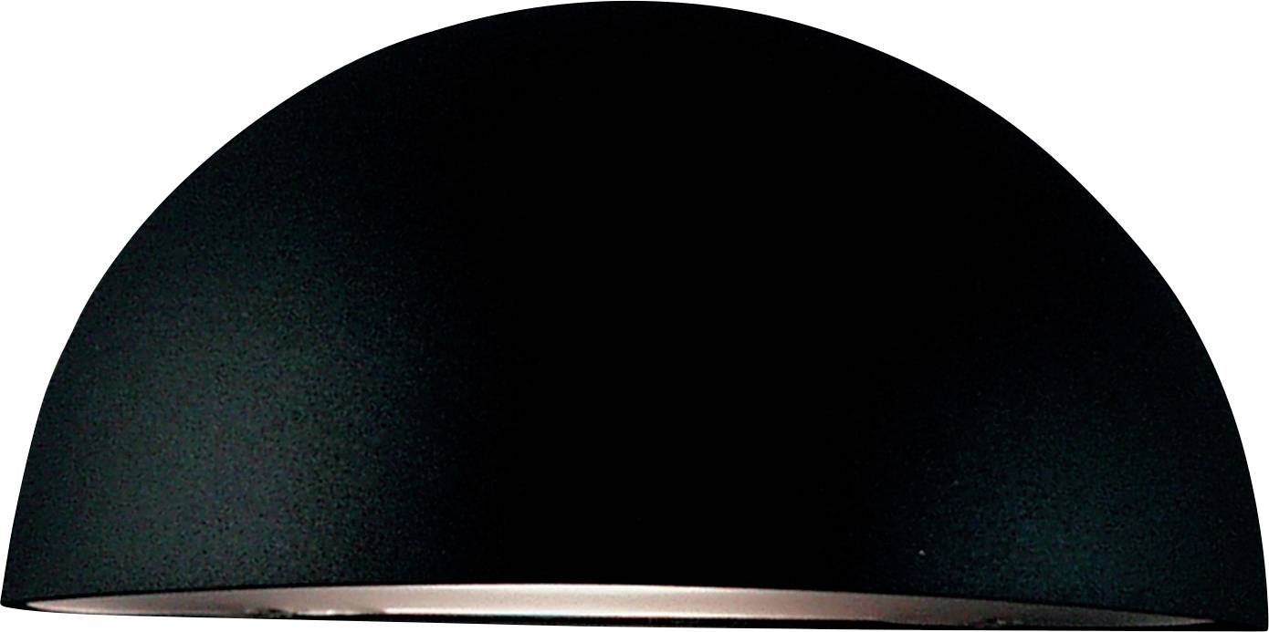 Polokulová černá stínidla reflektoru na bílém pozadí, světlo slabě září z dolního okraje, což naznačuje minimalistický, moderní design.