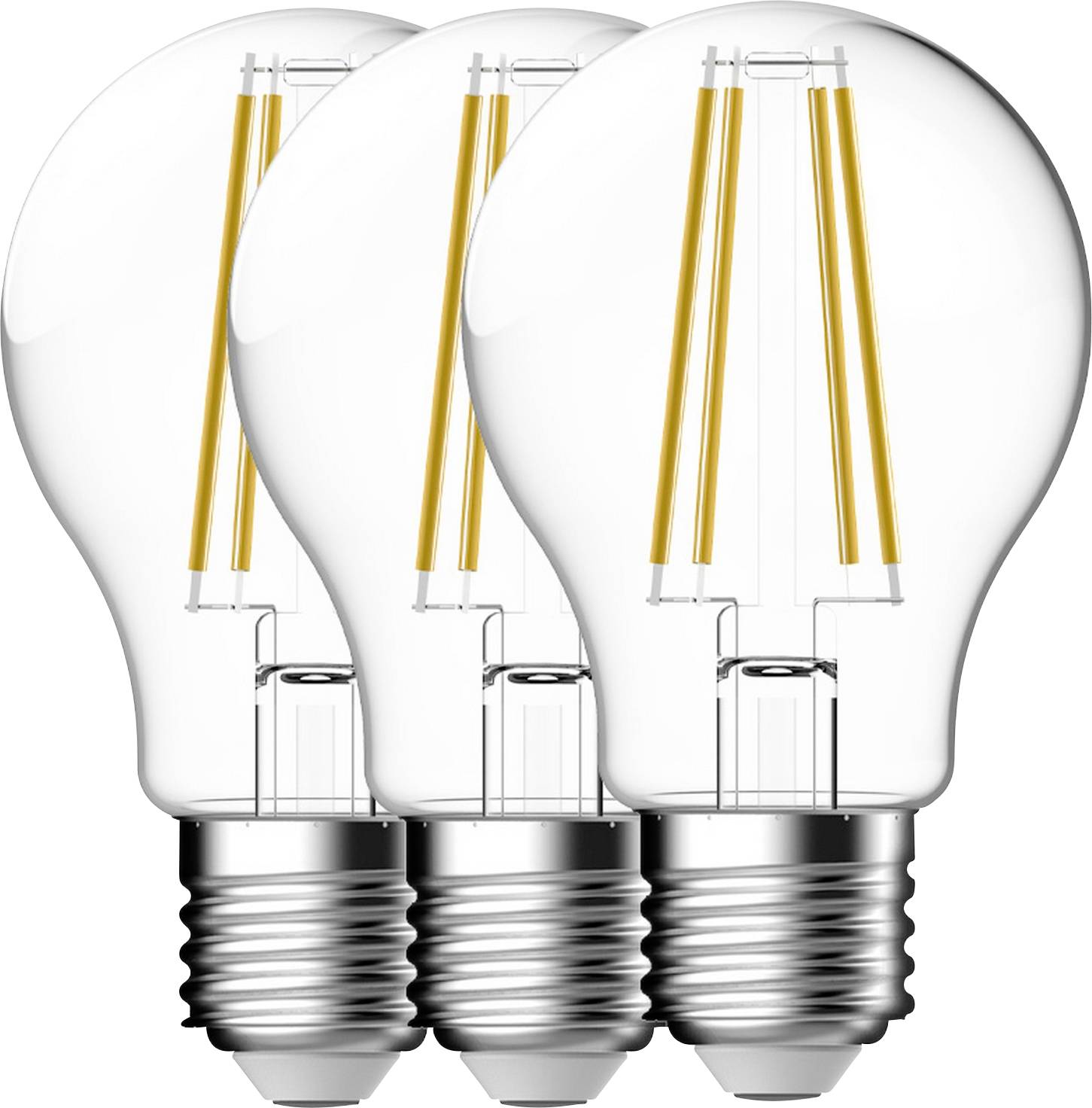 Tři LED světelné žárovky s viditelnými vlákny, uspořádané vedle sebe, zdůrazňující energeticky úsporné možnosti osvětlení.