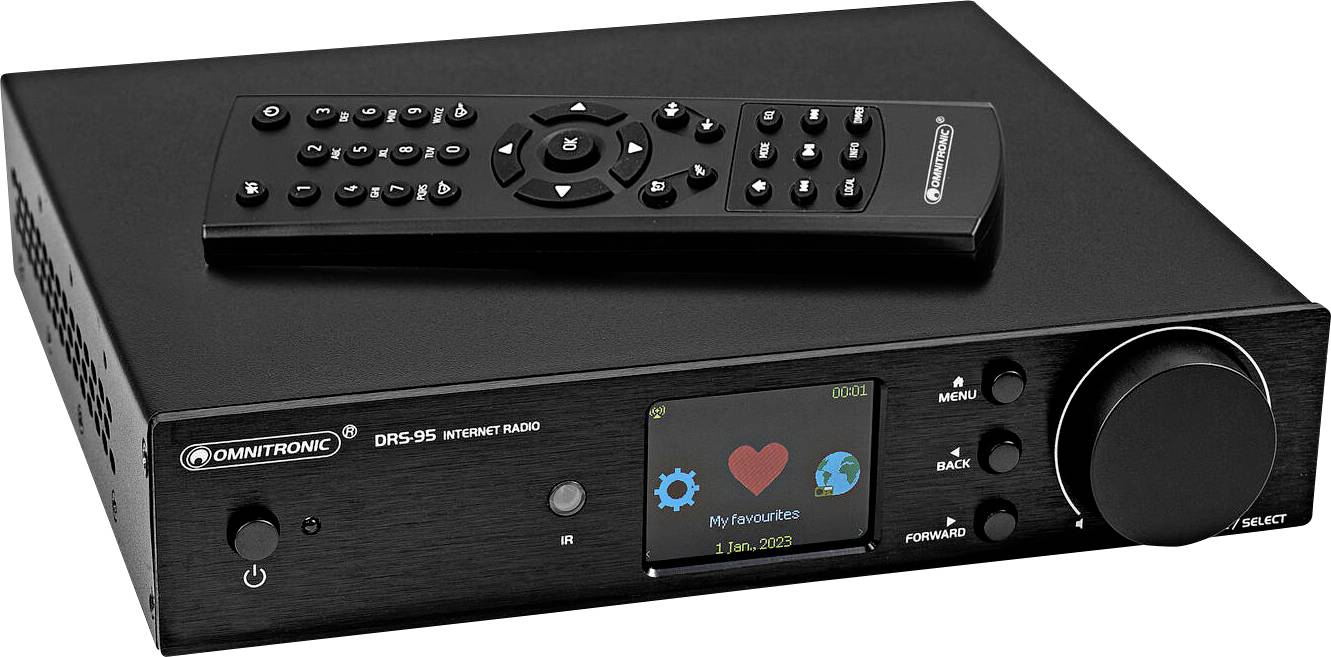 Černé internetové rádio Omnitronic DRS-15S s přední displejem zobrazujícím "Moje oblíbené" a dálkovým ovladačem umístěným na vrcholu.