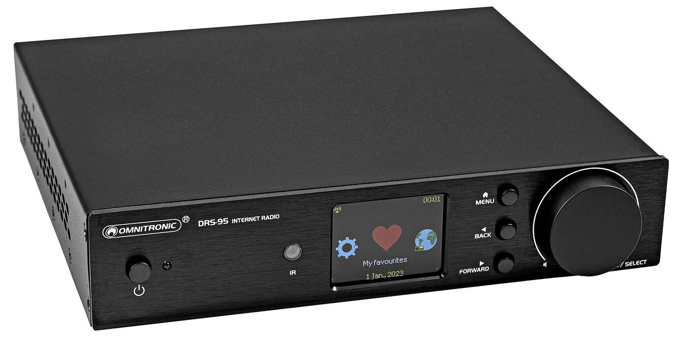 Černý Omnitronic DMS-95 internetový rádio s digitálním displejem zobrazujícím ikony a text, vybavený ovládacími tlačítky a velkým otočným knoflíkem.