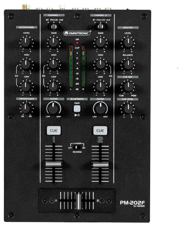 DJ mixér s více ovládacími knoflíky, fádry a LED indikátory pro vyrovnání zvuku a úpravu efektů. Model: PM-202F Omnitronic.