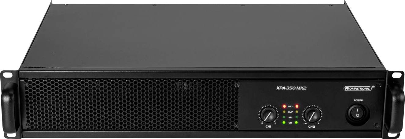 Zesilovač 'Powertronic XP-350 MK2' s dvěma ovládacími prvky hlasitosti a LED indikátory na pravé straně, určený pro profesionální použití.