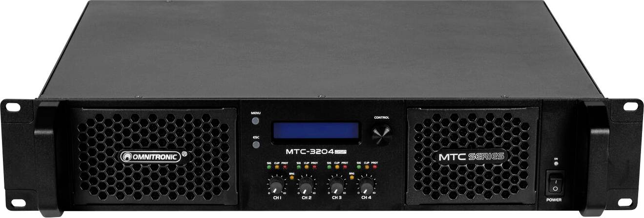 Černý audioergongenerální zesilovač Omnitronic MTC-2804 s ventilačními mřížkami, ovládacími otočnými přepínači, digitálním displejem a vypínačem napájení, pohled zepředu.