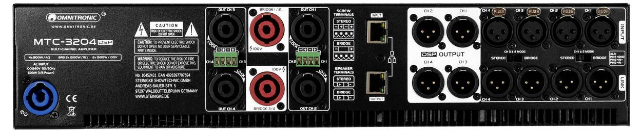 Panel zadní strany audio zesilovače ukazující vstupní/výstupní porty, včetně konektorů XLR a RCA, porty Ethernet a napájení, označené jako „MTC-3204".