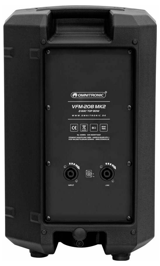Obrázek zobrazuje zadní panel reproduktoru Omnitronic VFM-208 MK2 s vstupními porty a porty pro propojení, technickými specifikacemi a horním madlem.