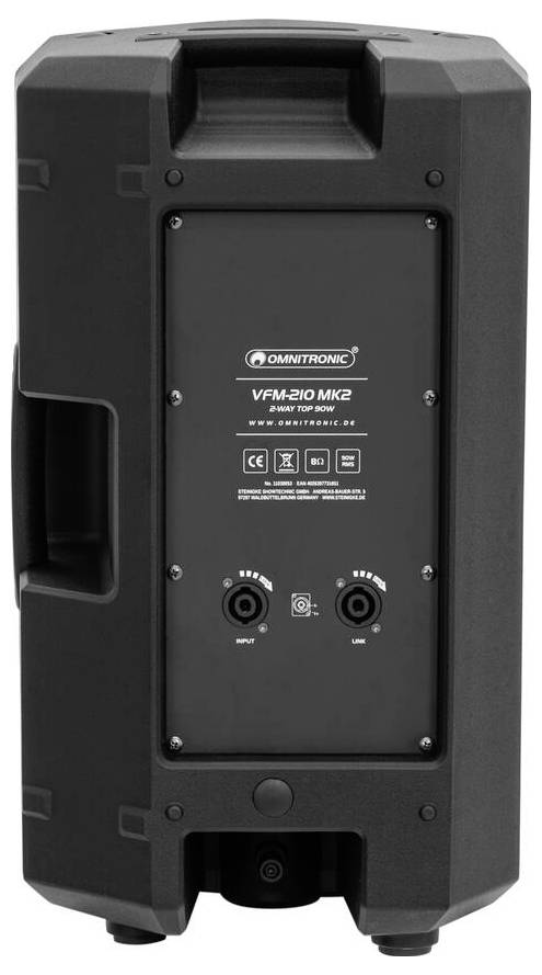 Zadní panel černého reproduktoru zobrazující vstupní porty, štítky a ovládací tlačítka pro model Omnitronic VFM-210 MK2.