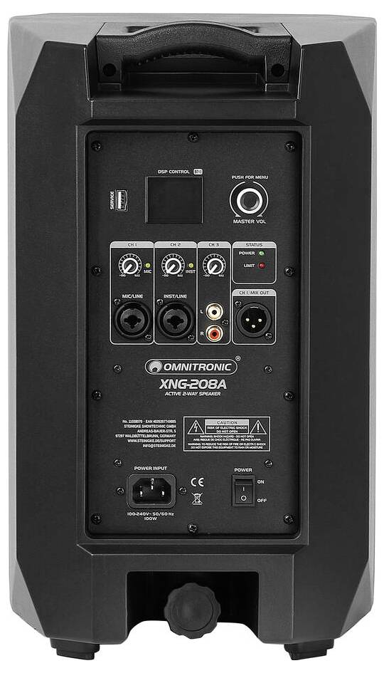 Zadní panel reproduktoru zobrazující ovládací knoflíky, vstupy a výstupy včetně linkového vstupu, mikrofonního vstupu a vypínače. Model: Omnitronic XMG-208A.