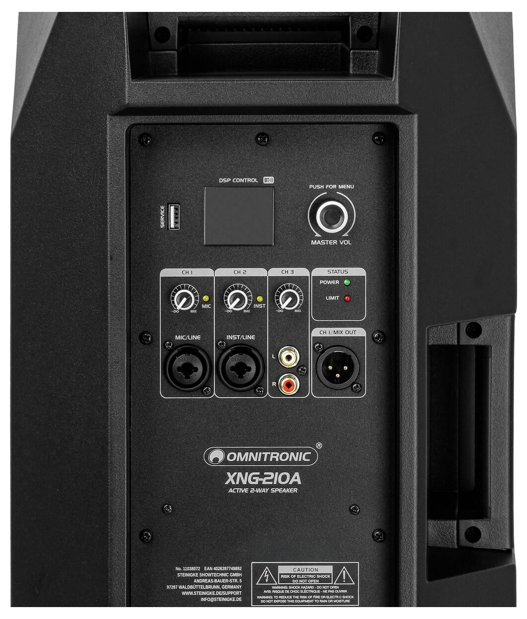 Aktivní 2-cestný reproduktor Omnitronic XMG-210A zadní panel se vstupy pro mikrofon, линию a napájení; ovládací tlačítka pro DSP, hlavní hlasitost a nastavení ekvalizéru.