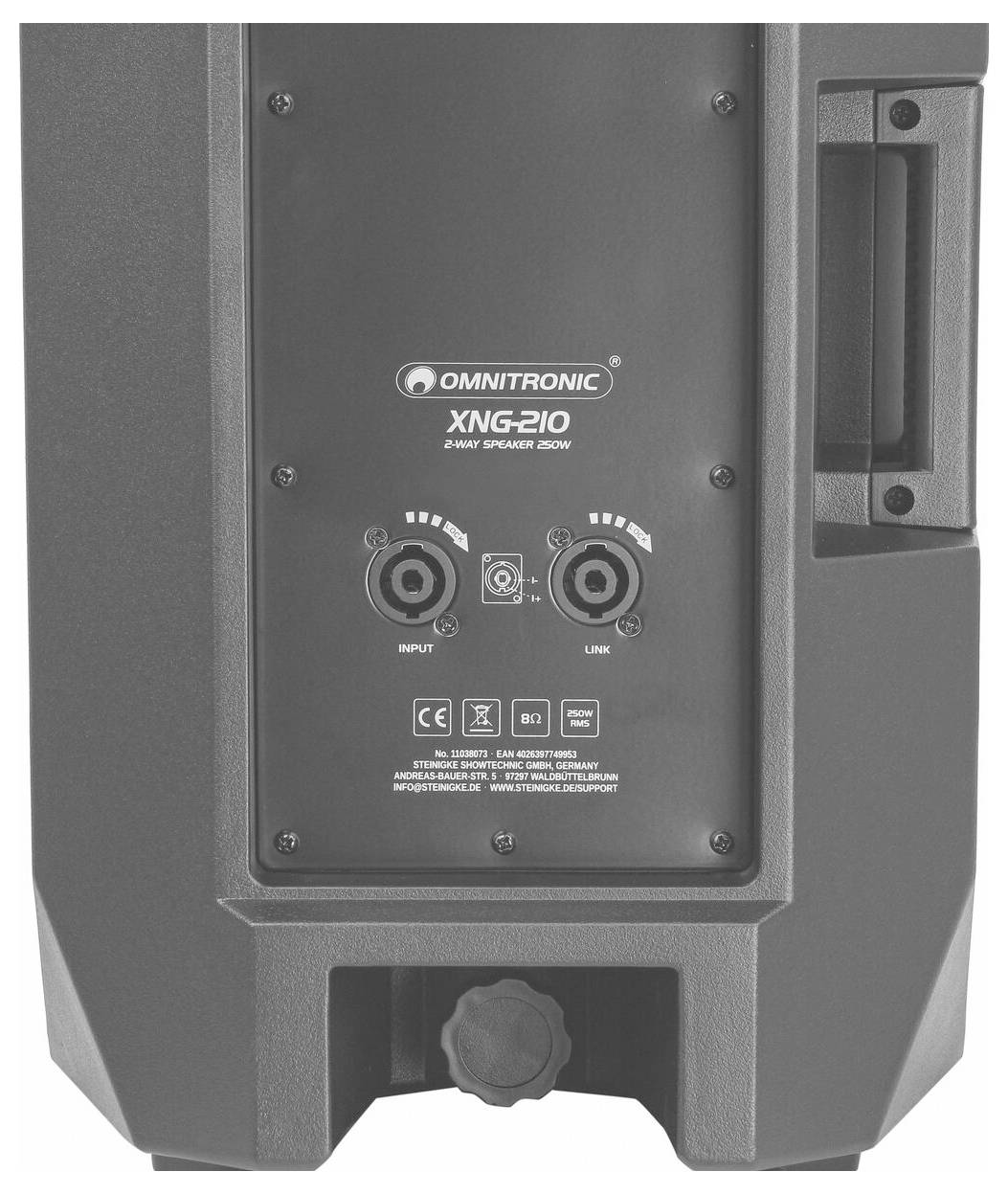 Zadní panel reproduktoru 'OMNITRONIC XNG-210' zobrazující vstupní a propojovací porty, podrobnosti modelu a rukojeť na pravé straně.