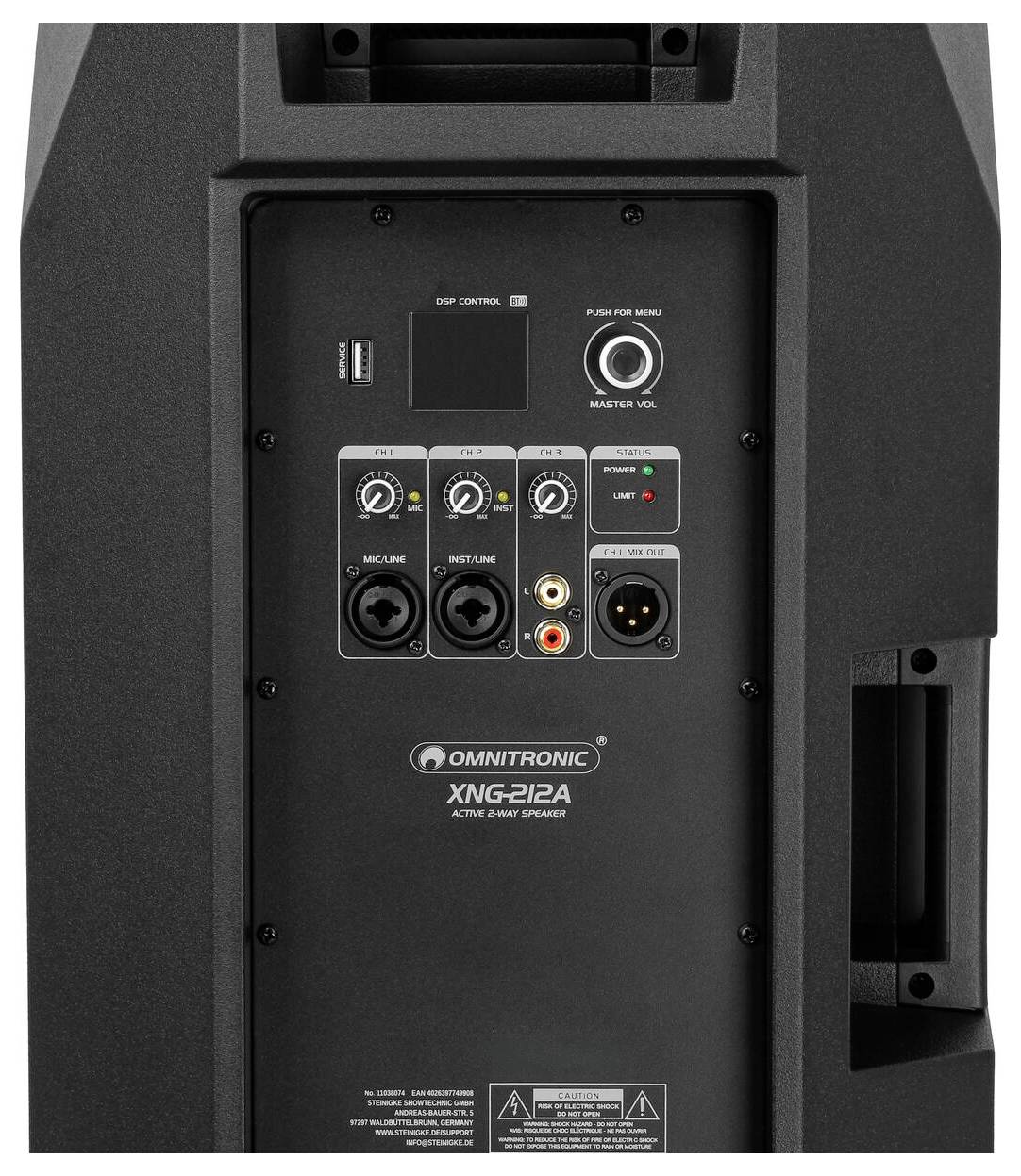 Zadní panel reproduktoru 'Omnitronic XNG-2i2A' s vyobrazeními vstupních/výstupních portů, ovládáním hlasitosti a konektory pro mikrofon a instrumenty.
