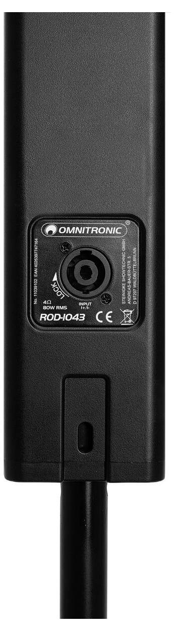 Obrázek ukazuje zadní stranu zařízení Omnitronic s audioným vstupem označeným "INPUT" a číslem modelu "ROD-1043".