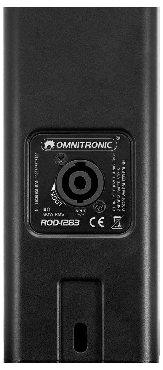 Obrázek zobrazuje zadní panel reproduktoru Omnitronic model ROD-1283 se vstupem, mechanismem zámku a informacemi o produktu.