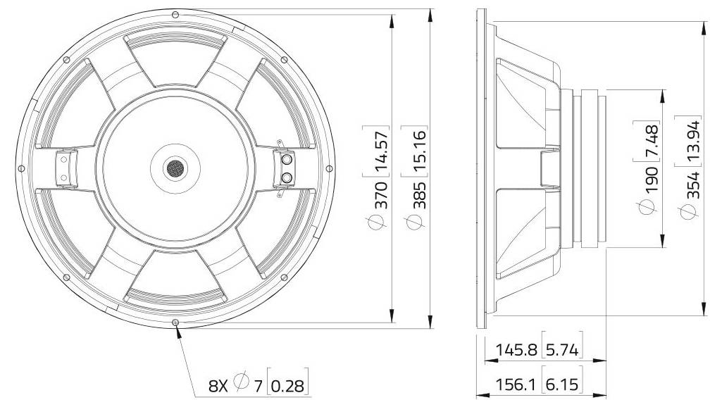 Technický výkres kulatého reproduktoru se zobrazením zepředu a z boku. Rozměry jsou vyznačeny, s průměrem 370 mm a hloubkou 156,1 mm.