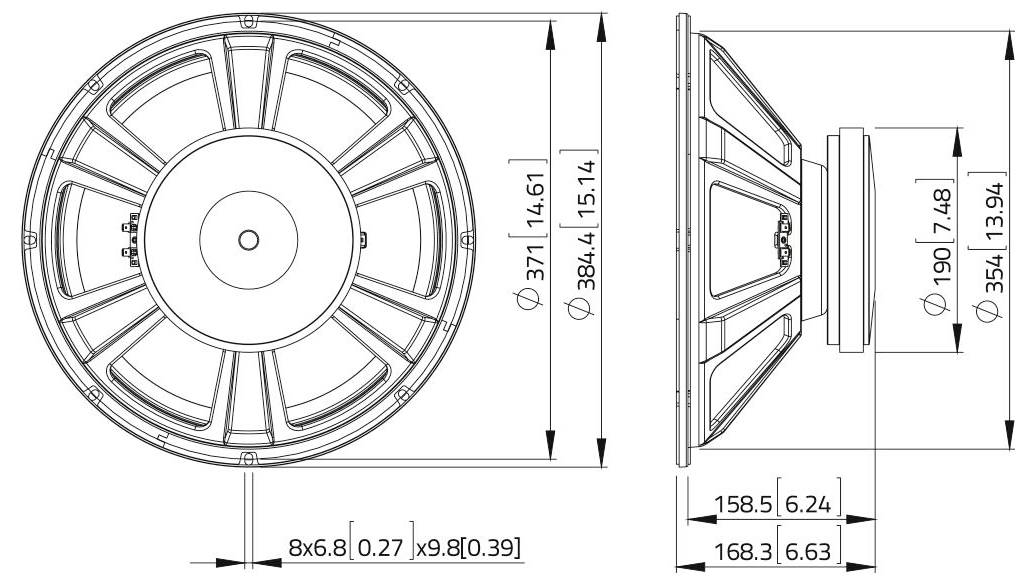 'Technický diagram reproduktoru s pohledem zepředu a ze strany, ukazující rozměry: průměr 384,4 mm, hloubka 190 mm, další klíčové rozměry uvedeny.'