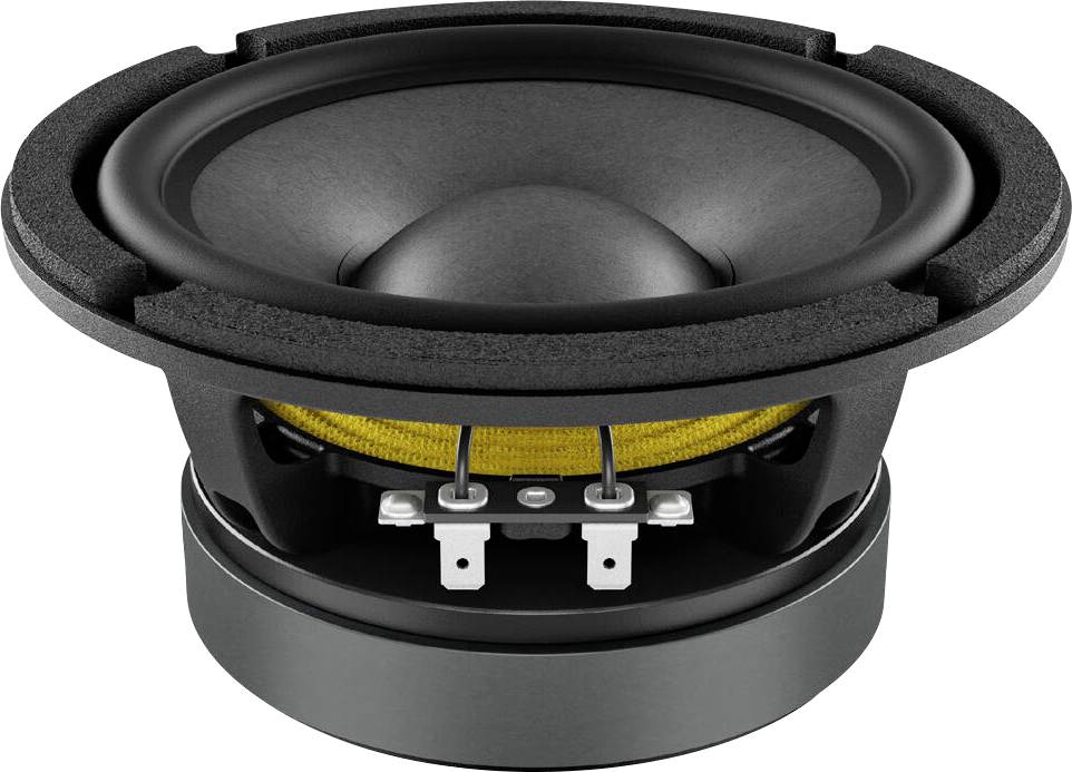 Černý audio reproduktor se žlutým zavěšovacím kroužkem, určený pro výstup zvuku.