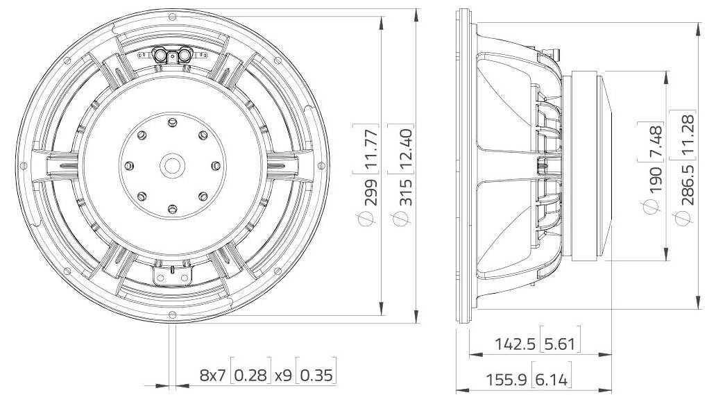 Technická kresba kulatého reproduktoru znázorňující pohled zepředu a ze strany s rozměry, jako je průměr 299 mm a hloubka 142,5 mm.