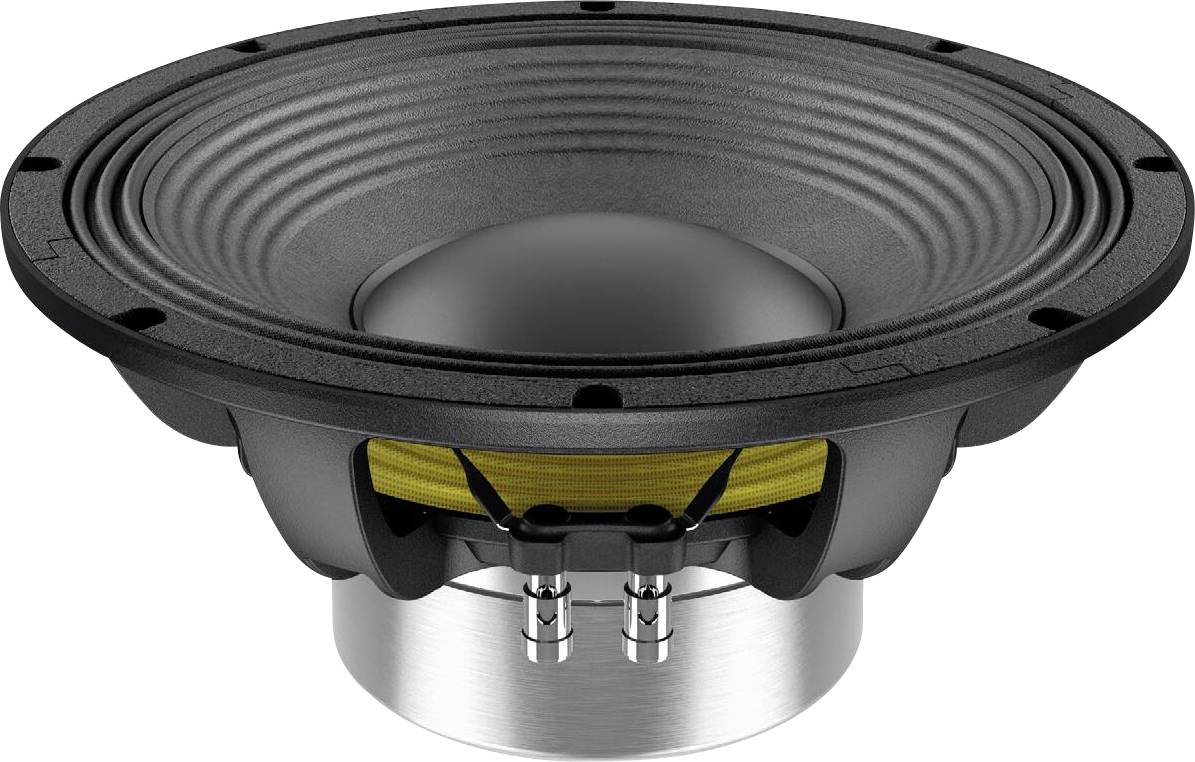 Černý audio reproduktor s viditelným žlutým zavěšením a duálními konektory na spodní straně, zdůrazňující jeho konstrukci a design.