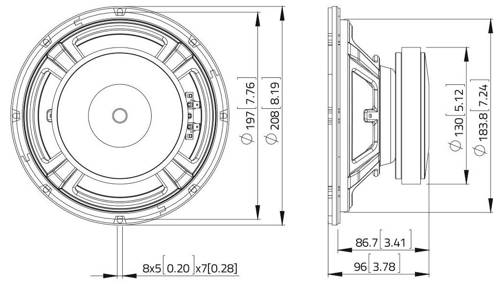 Technický nákres reproduktoru se zvukovým a bočním pohledem zobrazující rozměry: průměr 208 mm a hloubka 96 mm. Měření podrobně uvedena v milimetrech a palcích.