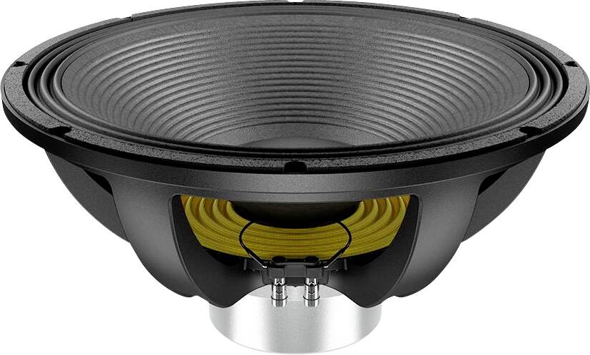 Velký černý zvučitel s jemně rýhovaným difuzorem a viditelným žlutým vnitřním vybavením, což svědčí o jeho použití v zvukových soustavách.
