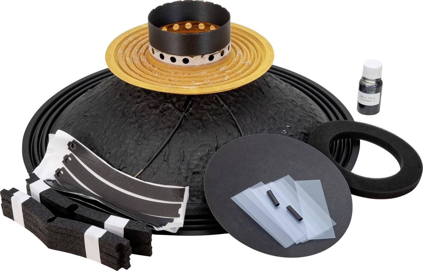 Sada na opravu reproduktoru s membránou, pěnovou vložkou, cívkou hlasu a lepidlem. Obsahuje krytku od prachu, těsnící pásky a instrukční materiály.